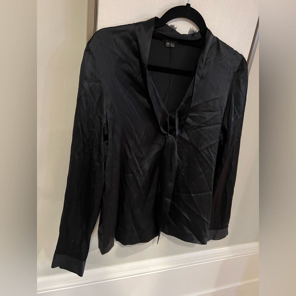Theory black silk tie neck long sleeve hidden button blouse size M